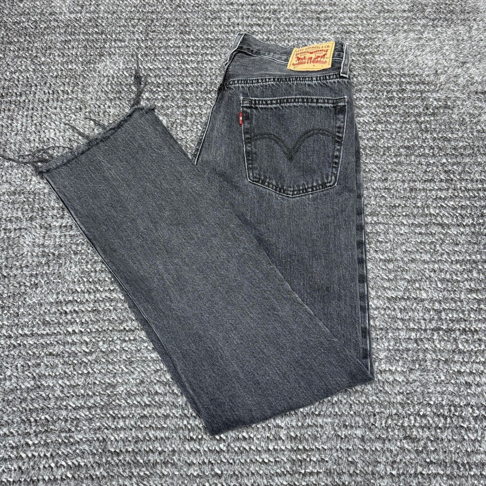 Levis 501‎ Mens Jeans 28x30 Faded Black Button Fly Straight Leg Raw Hem